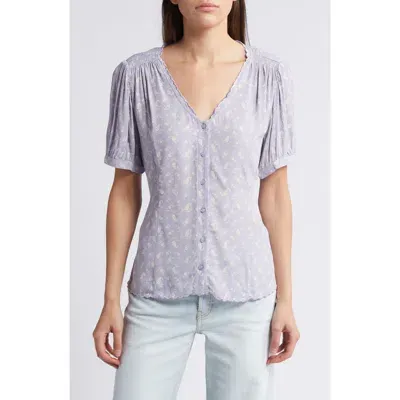 Treasure & Bond Scallop Trim Button-up Top In Purple- Ivory Little Paris