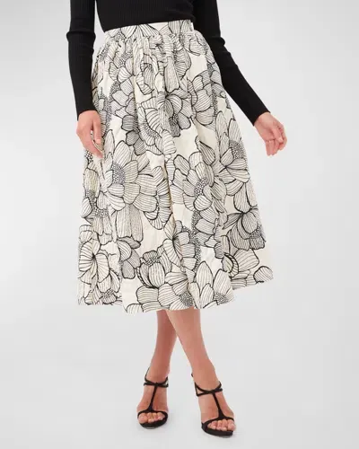 Trina Turk Aurelia Ruched Floral-print Midi Skirt In Savanna Sand/black