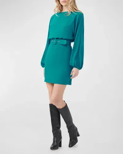 Trina Turk Avory Belted Blouson-sleeve Mini Dress In Turkana Teal