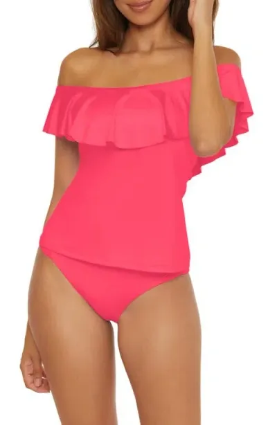 Trina Turk Monaco Ruffle Off-the-shoulder Tankini Top In Geranium