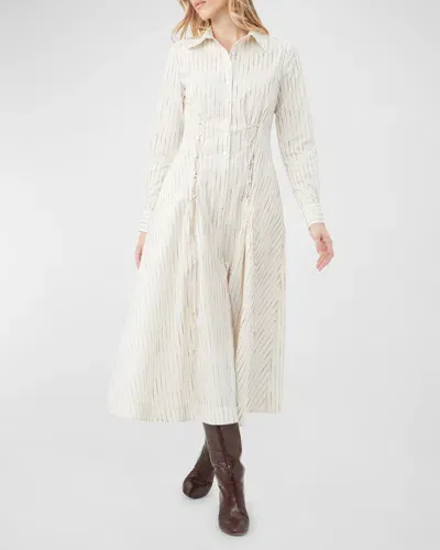 Trina Turk Omari Striped Lace-up Midi Shirtdress In White Camel