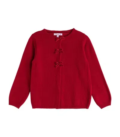 Trotters Kids' Wool-blend Velvet-bow Cardigan In Red