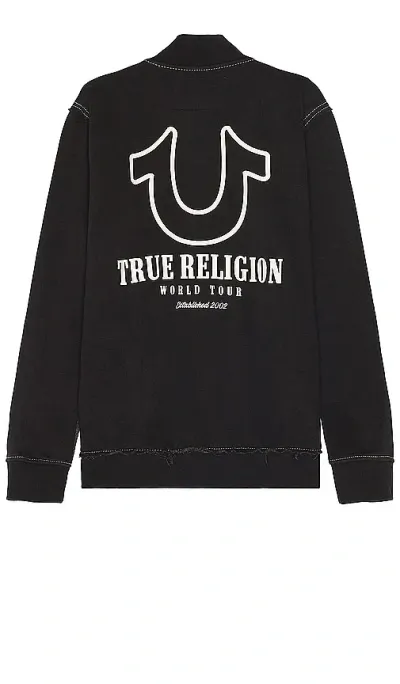 True Religion Big T Pigment Zip Mock Neck Sweatshirt In Jet Black