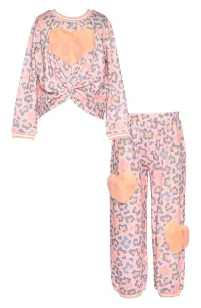 Truly Me Kids' Faux Fur Heart Appliqués Sweatshirt & Joggers Set In Pink Multi