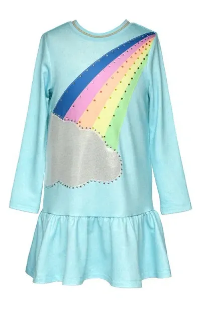 Truly Me Kids' Rainbow Cloud Drop Waist Knit Dress In Turquoise Multi