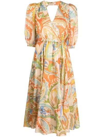 Twinset All-over Print Flared Dress In Nude