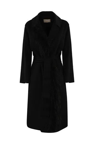 Twinset Coat In Wool Blend Cloth With Feathers In Black