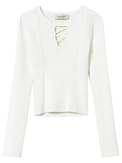 Twinset Kids' Criss-cross Ribbed Sweater In White