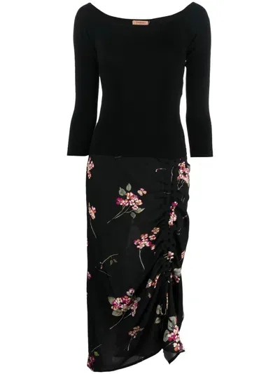 Twinset Draped Floral-print Midi Dress In Schwarz