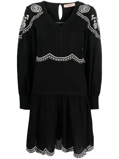 Twinset Embroidered Long-sleeve Short Dress In Black