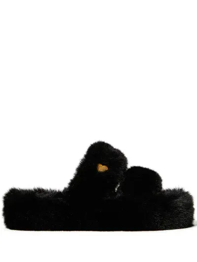 Twinset Faux-fur Slides In Black