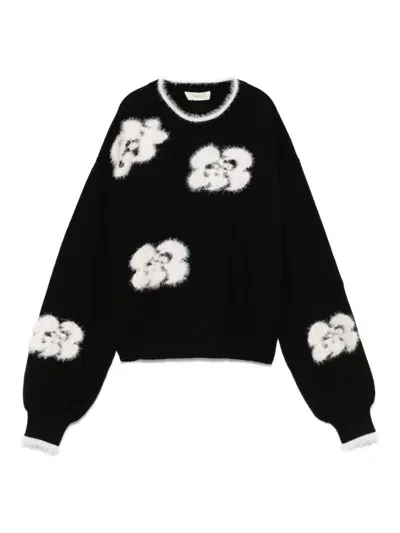 Twinset Kids' Floral-embroidered Sweater In Black