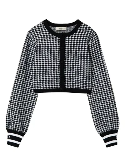 Twinset Kids' Houndstooth-pattern Knit Jacket In Black