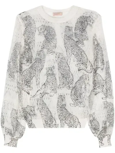 Twinset Jaguar-print Sweater In White