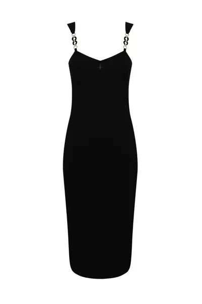 Twinset Knitted Longuette Dress With Jeweled Shoulder Straps In Nero