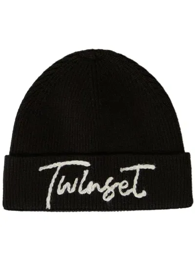 Twinset Logo-embroidered Beanie In Black