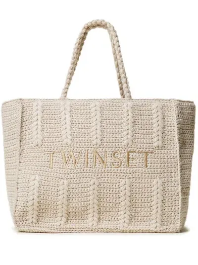 Twinset Logo-embroidered Woven Tote Bag In Neutrals