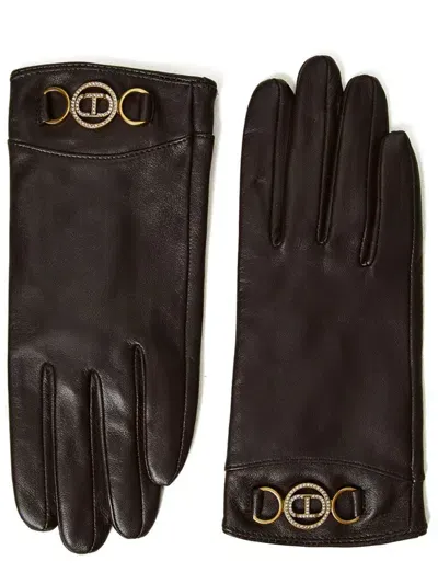 Twinset Logo-plaque Leather Gloves In Brown