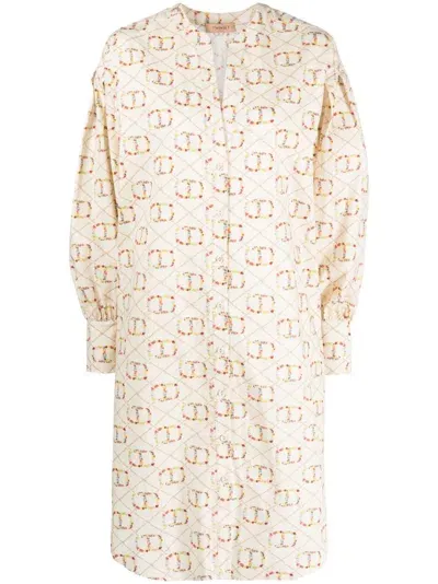 Twinset Logo-print Poplin Dress In Neutrals