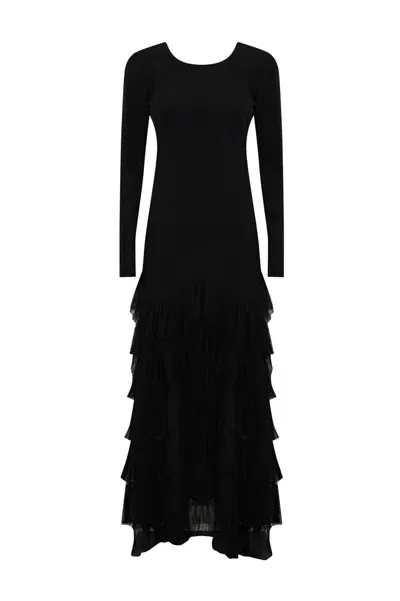 Twinset Long Dress With Tulle Flounces In Black