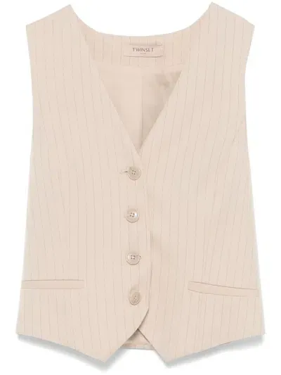 Twinset Lurex Pinstripe Waistcoat In Beige