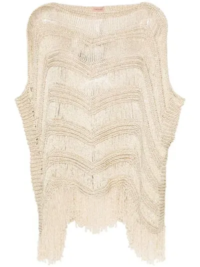 Twinset Crocheted Lamé Cape In Oro