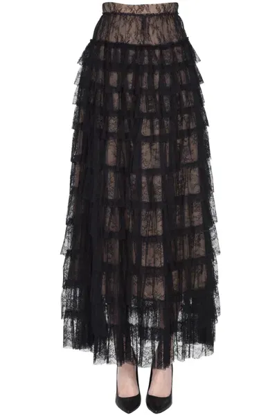 Twinset Milano Flounced Lace Long Skirt In Black