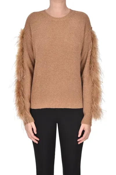 Twinset Milano Ribbed Knit Pullover With Feathers In Light Brown