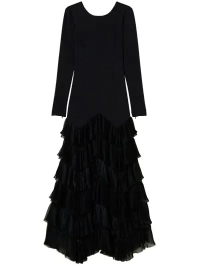 Twinset Pleated Tulle Flounces Maxi Dress In Black