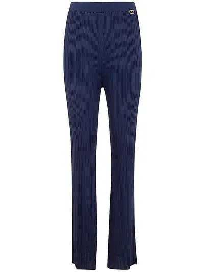 Twinset Ribbed Knit Flared Trousers In Navy