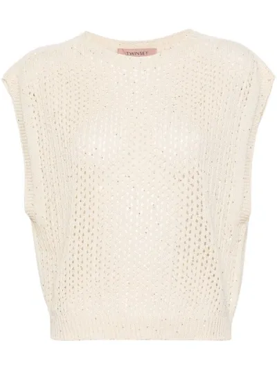 Twinset Sequined Open-knit Top In Beige