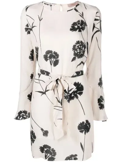 Twinset Floral-print Belted Minidress In Nero/neve