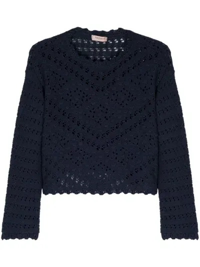 Twinset Crochet-knit Cotton Jumper In Mid Blu