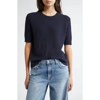 Twp Audrey Short Sleeve Cashmere Blend Crewneck Sweater In Midnight