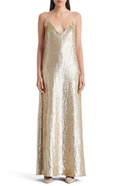 Twp Josephine Sequin Sleeveless Silk Gown In Light Gold