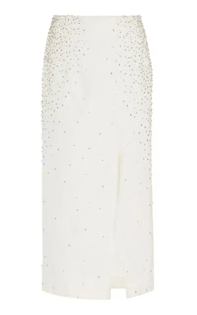 Twp Ladylike Crystal-embellished Denim Midi Skirt In White