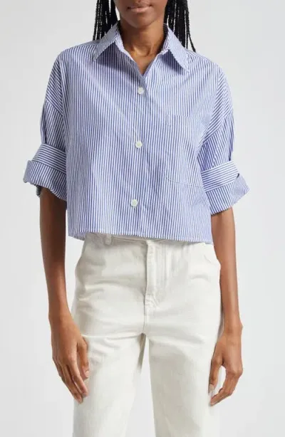 Twp Next Ex Stripe Cotton Button-up Crop Shirt In White/indigo