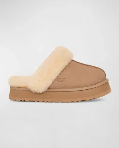 Ugg Disquette Suede & Shearling Platform Slippers In Sand