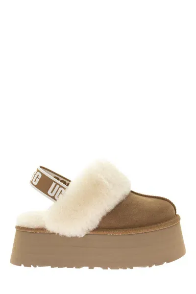 Ugg Womens Brown Funkette Suede And Sheepskin Platform Slippers