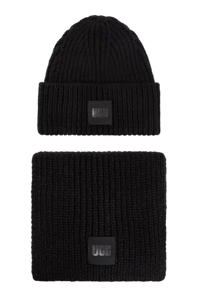 Ugg Scarf & Beanie Knitted Set In Black