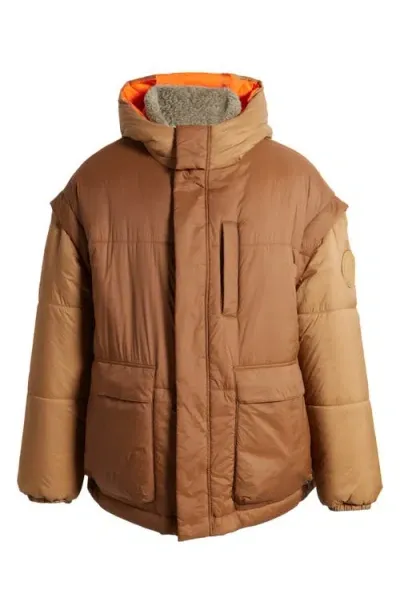 Ugg(r) Kristian Fleece Collar Water Resistant Reversible Puffer Jacket With Removable Sleeves In Pecan/moss Green