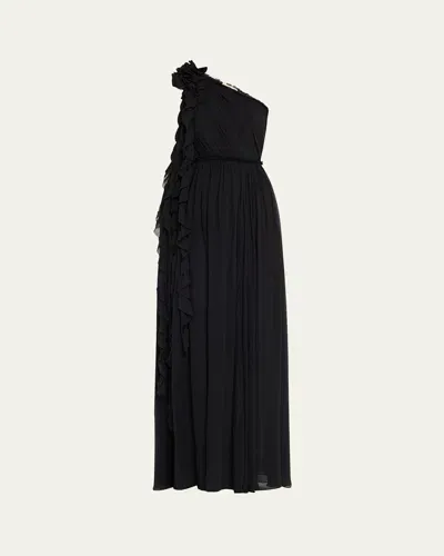 Ulla Johnson Adona One-shoulder Ruffle Gown In Noir