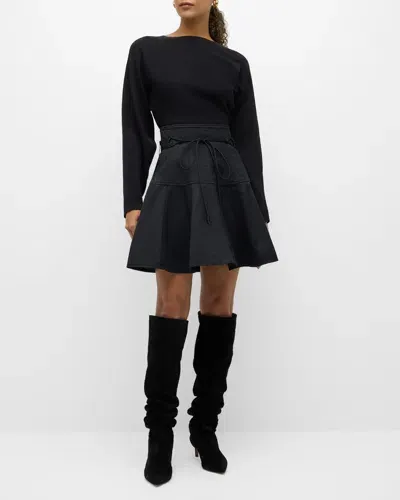 Ulla Johnson Aremi Long-sleeve Flared Combo Mini Dress In Black  