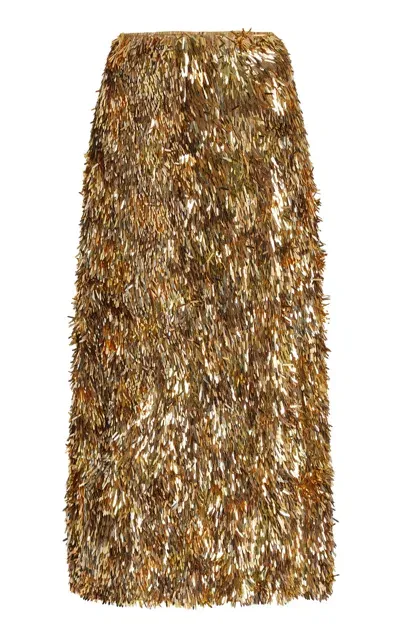 Ulla Johnson Casini Feather Paillette Embroidered Silk Midi Skirt In Metallic