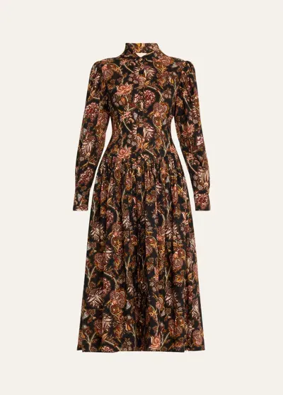 Ulla Johnson Celia Floral Belted Long-sleeve Midi Dress In Viola