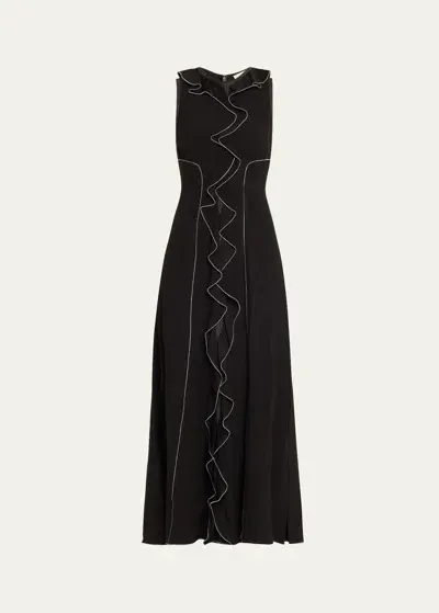 Ulla Johnson Lille Topstitched Long Sleeveless Ruffle Dress In Noir