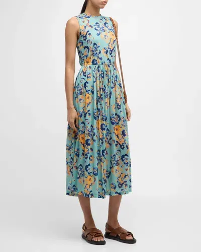 Ulla Johnson Livia Sleeveless Ruched Floral Maxi Dress In Jade Floral