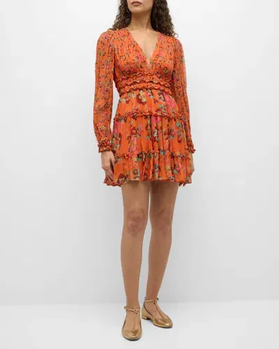 Ulla Johnson Lya Floral Silk Tiered V-neck Mini Dress In Begonia