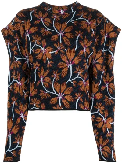 Ulla Johnson Ruffle-detail Floral-jacquard Knit Top In Blue