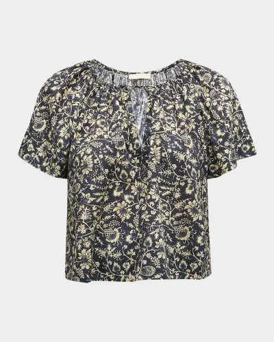 Ulla Johnson Sena Printed Short-sleeve Top In Raven